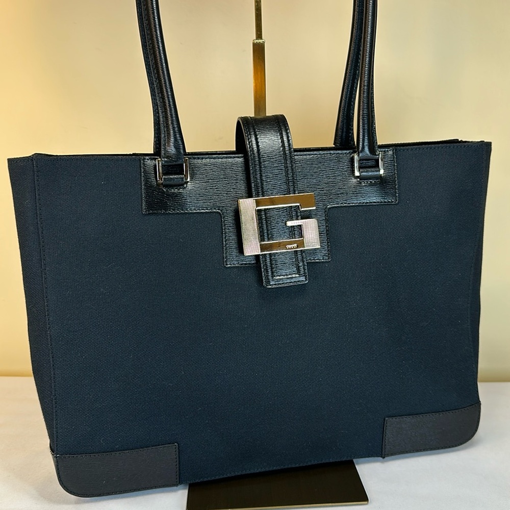 Gucci Black Canvas & Leather Tote with Silver G Buckle
